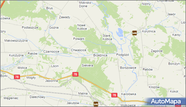 mapa Brzeźnica gmina Jędrzejów, Brzeźnica gmina Jędrzejów na mapie Targeo