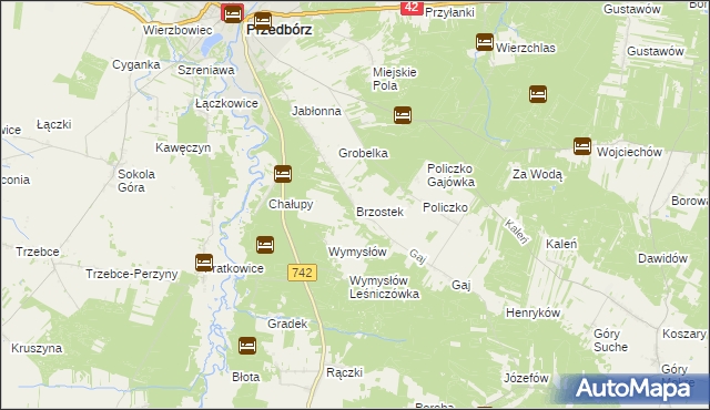 mapa Brzostek gmina Przedbórz, Brzostek gmina Przedbórz na mapie Targeo