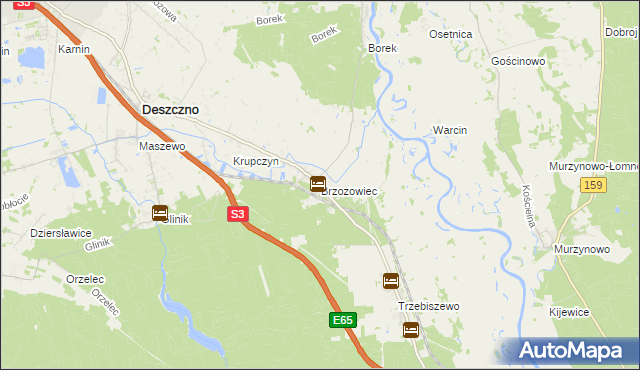 mapa Brzozowiec gmina Deszczno, Brzozowiec gmina Deszczno na mapie Targeo