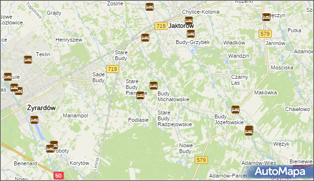 mapa Budy Michałowskie gmina Jaktorów, Budy Michałowskie gmina Jaktorów na mapie Targeo