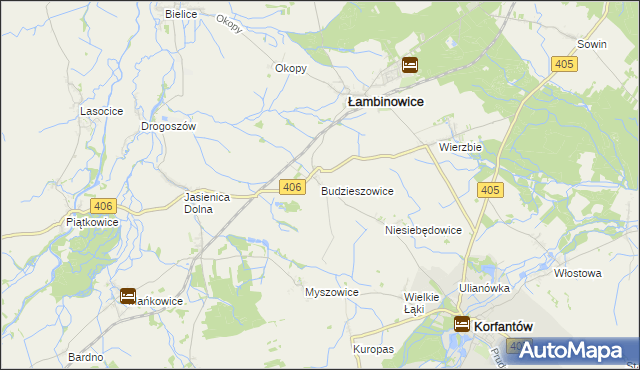 mapa Budzieszowice gmina Łambinowice, Budzieszowice gmina Łambinowice na mapie Targeo