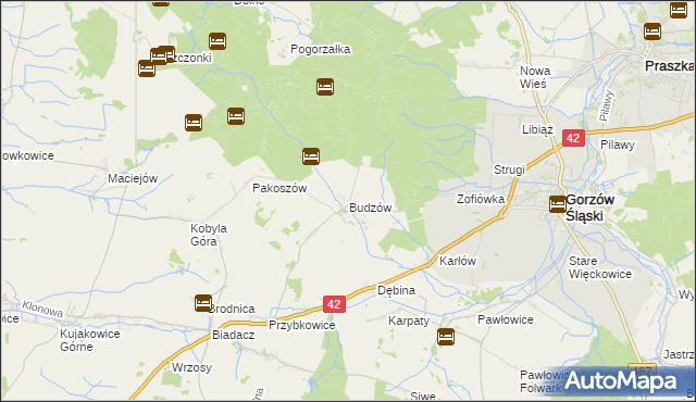 mapa Budzów gmina Gorzów Śląski, Budzów gmina Gorzów Śląski na mapie Targeo