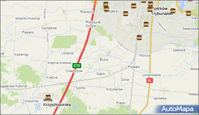 mapa Bujny gmina Wola Krzysztoporska, Bujny gmina Wola Krzysztoporska na mapie Targeo