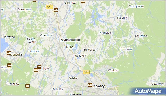 mapa Bukowiec gmina Mysłakowice, Bukowiec gmina Mysłakowice na mapie Targeo