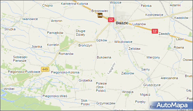 mapa Bukowina gmina Błaszki, Bukowina gmina Błaszki na mapie Targeo