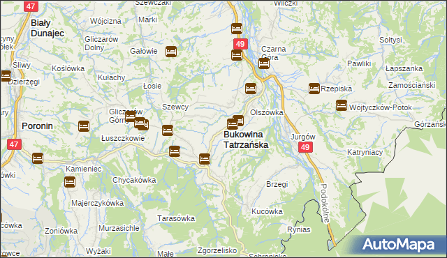 mapa Bukowina Tatrzańska, Bukowina Tatrzańska na mapie Targeo