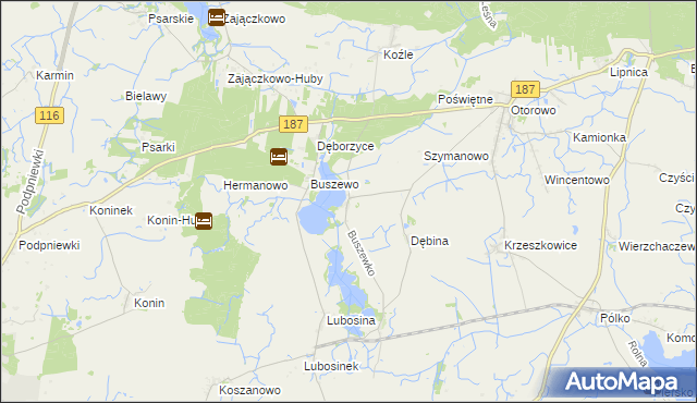 mapa Buszewko gmina Pniewy, Buszewko gmina Pniewy na mapie Targeo