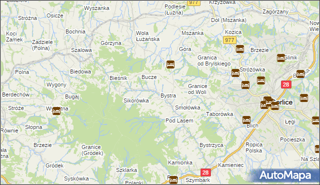 mapa Bystra gmina Gorlice, Bystra gmina Gorlice na mapie Targeo