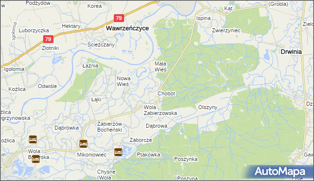mapa Chobot gmina Niepołomice, Chobot gmina Niepołomice na mapie Targeo