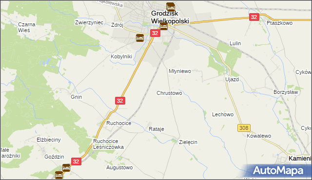 mapa Chrustowo gmina Grodzisk Wielkopolski, Chrustowo gmina Grodzisk Wielkopolski na mapie Targeo