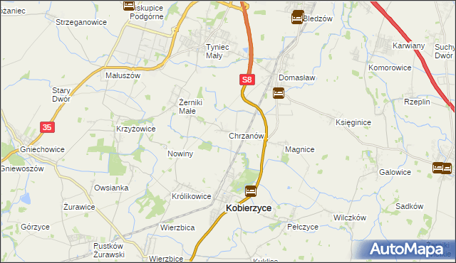 mapa Chrzanów gmina Kobierzyce, Chrzanów gmina Kobierzyce na mapie Targeo