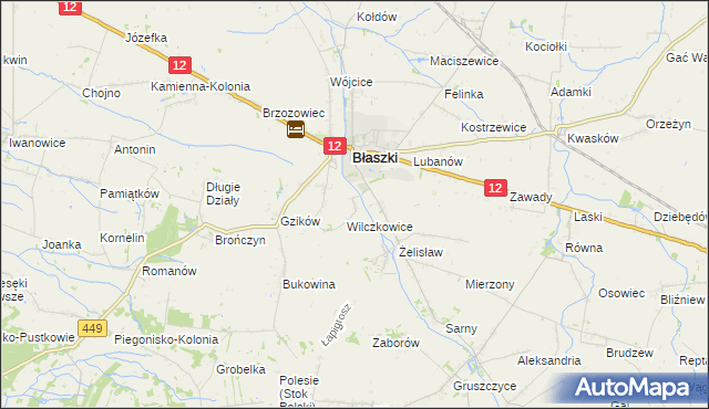 mapa Chrzanowice gmina Błaszki, Chrzanowice gmina Błaszki na mapie Targeo