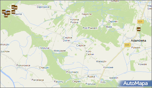 mapa Cieplice gmina Adamówka, Cieplice gmina Adamówka na mapie Targeo