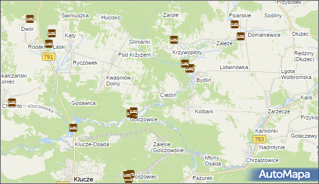 mapa Cieślin gmina Klucze, Cieślin gmina Klucze na mapie Targeo