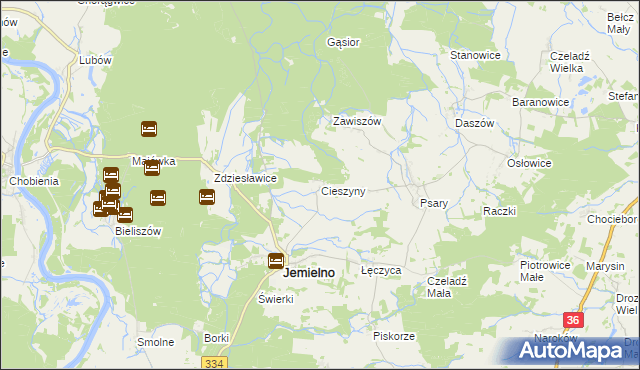 mapa Cieszyny gmina Jemielno, Cieszyny gmina Jemielno na mapie Targeo