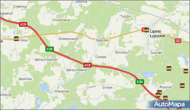 mapa Cisowa gmina Lipinki Łużyckie, Cisowa gmina Lipinki Łużyckie na mapie Targeo