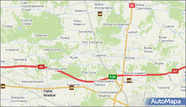 mapa Cyganka gmina Dębe Wielkie, Cyganka gmina Dębe Wielkie na mapie Targeo