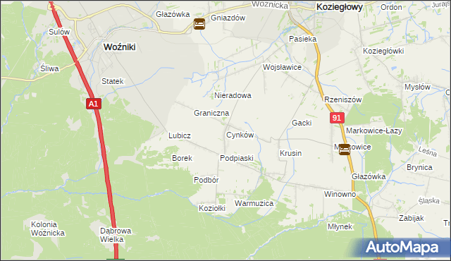 mapa Cynków gmina Koziegłowy, Cynków gmina Koziegłowy na mapie Targeo