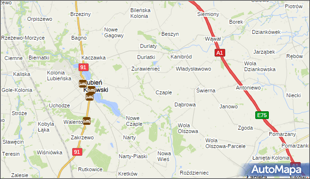 mapa Czaple gmina Lubień Kujawski, Czaple gmina Lubień Kujawski na mapie Targeo