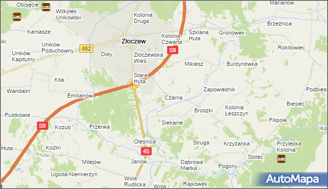mapa Czarna gmina Złoczew, Czarna gmina Złoczew na mapie Targeo