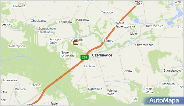 mapa Czerniewice powiat tomaszowski, Czerniewice powiat tomaszowski na mapie Targeo