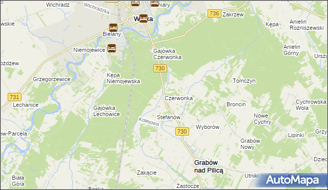 mapa Czerwonka gmina Grabów nad Pilicą, Czerwonka gmina Grabów nad Pilicą na mapie Targeo