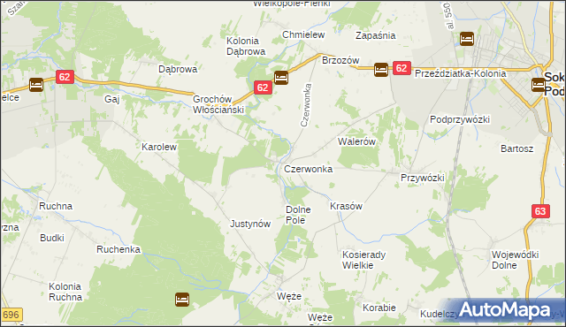 mapa Czerwonka gmina Sokołów Podlaski, Czerwonka gmina Sokołów Podlaski na mapie Targeo