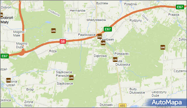 mapa Dąbrowa gmina Dłutów, Dąbrowa gmina Dłutów na mapie Targeo