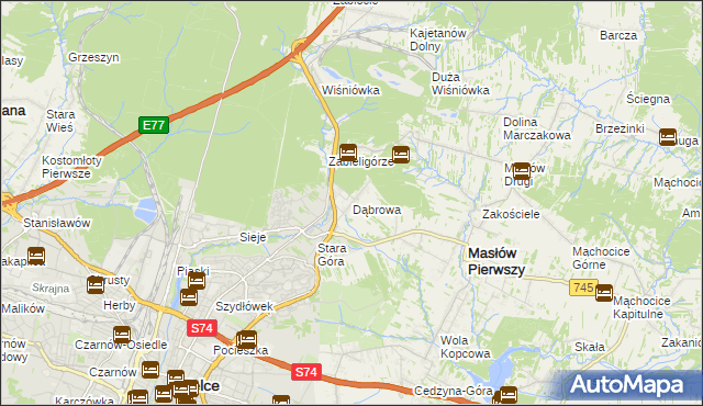 mapa Dąbrowa gmina Masłów, Dąbrowa gmina Masłów na mapie Targeo