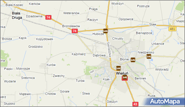 mapa Dąbrowa gmina Wieluń, Dąbrowa gmina Wieluń na mapie Targeo