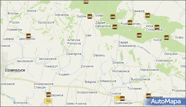 mapa Dębiany gmina Działoszyce, Dębiany gmina Działoszyce na mapie Targeo