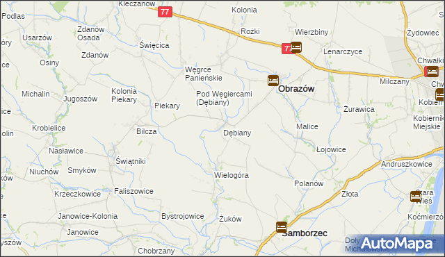 mapa Dębiany gmina Obrazów, Dębiany gmina Obrazów na mapie Targeo