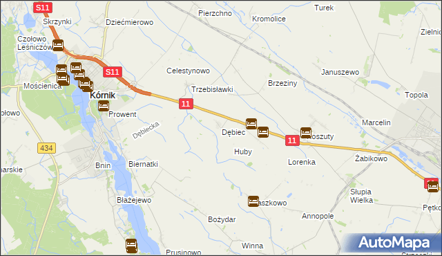 mapa Dębiec gmina Kórnik, Dębiec gmina Kórnik na mapie Targeo