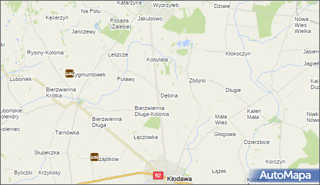 mapa Dębina gmina Kłodawa, Dębina gmina Kłodawa na mapie Targeo