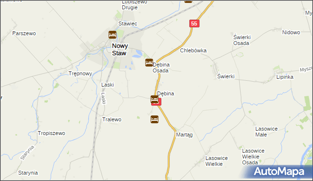 mapa Dębina gmina Nowy Staw, Dębina gmina Nowy Staw na mapie Targeo