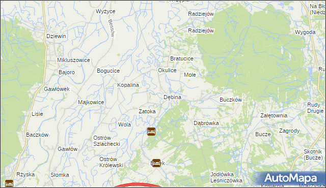 mapa Dębina gmina Rzezawa, Dębina gmina Rzezawa na mapie Targeo