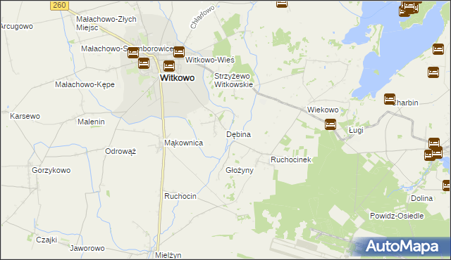 mapa Dębina gmina Witkowo, Dębina gmina Witkowo na mapie Targeo