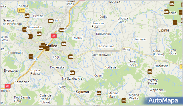 mapa Dominikowice gmina Gorlice, Dominikowice gmina Gorlice na mapie Targeo