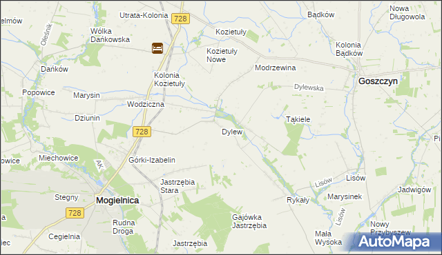 mapa Dylew gmina Mogielnica, Dylew gmina Mogielnica na mapie Targeo