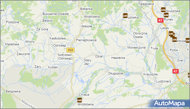 mapa Dział gmina Czarny Dunajec, Dział gmina Czarny Dunajec na mapie Targeo