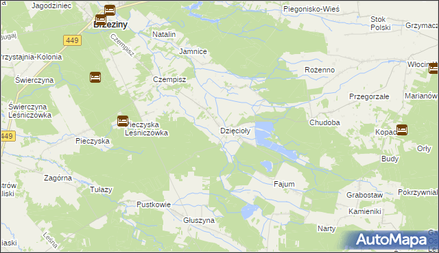 mapa Dzięcioły gmina Brzeziny, Dzięcioły gmina Brzeziny na mapie Targeo