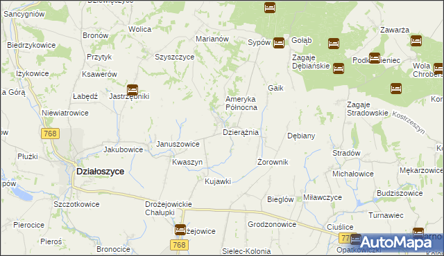 mapa Dzierążnia gmina Działoszyce, Dzierążnia gmina Działoszyce na mapie Targeo