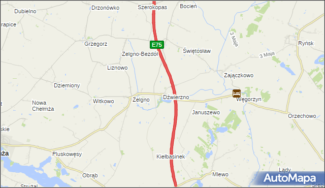 mapa Dźwierzno gmina Chełmża, Dźwierzno gmina Chełmża na mapie Targeo