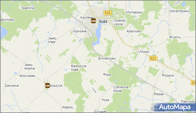 mapa Emilianowo gmina Susz, Emilianowo gmina Susz na mapie Targeo