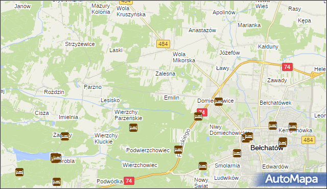 mapa Emilin gmina Bełchatów, Emilin gmina Bełchatów na mapie Targeo