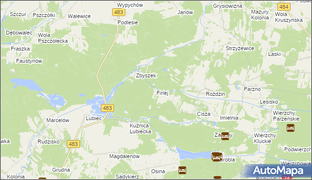 mapa Firlej gmina Szczerców, Firlej gmina Szczerców na mapie Targeo