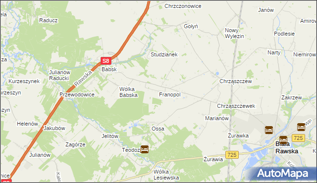 mapa Franopol gmina Biała Rawska, Franopol gmina Biała Rawska na mapie Targeo