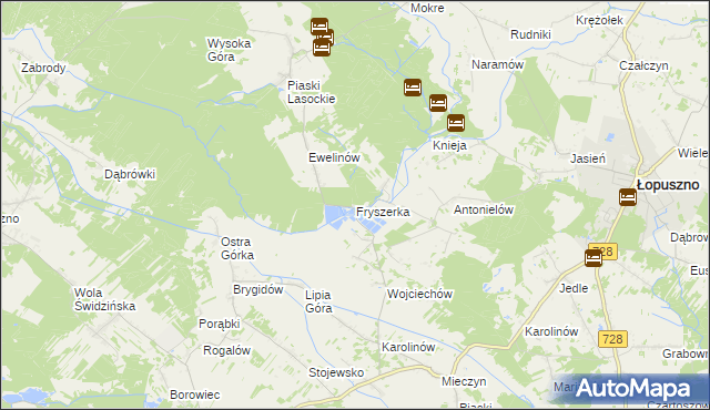 mapa Fryszerka gmina Łopuszno, Fryszerka gmina Łopuszno na mapie Targeo