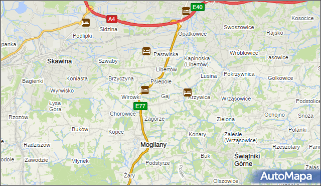mapa Gaj gmina Mogilany, Gaj gmina Mogilany na mapie Targeo