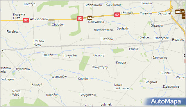 mapa Gąsiory gmina Chodów, Gąsiory gmina Chodów na mapie Targeo